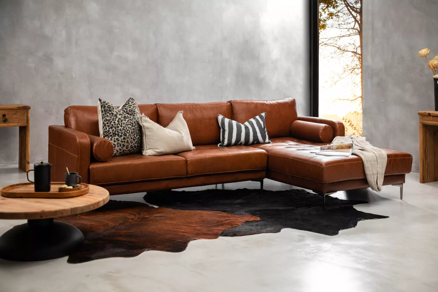 Hayden Leather L-Shape Couch - Burnt Tan