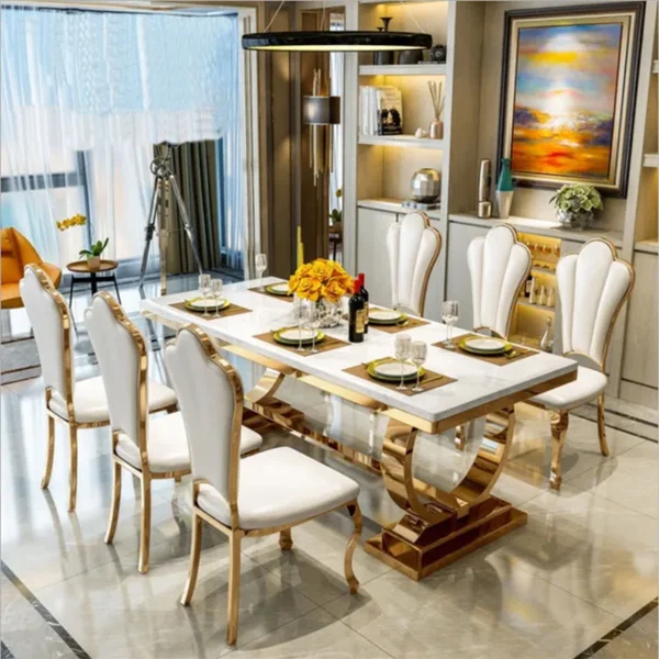 Luxury 8 Seater Marble Top Dining Set With Leather Chairs